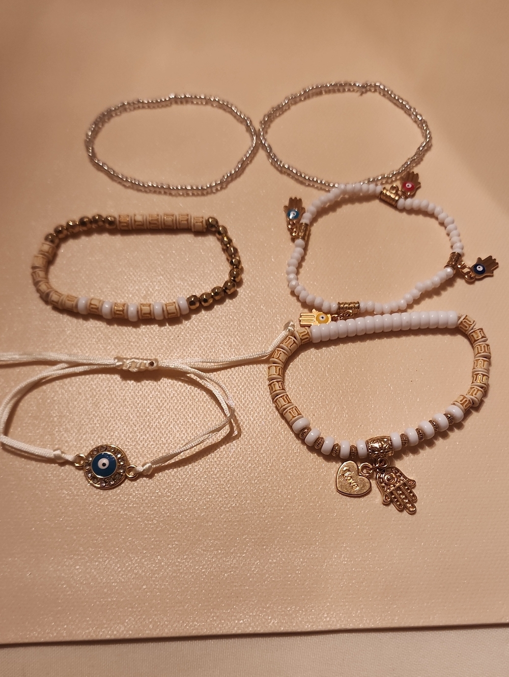 6 Pcs Set Evil Eye & Rhinestone Beads Hamsa Hand Charm And Love/heart Charm